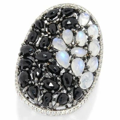 Meher's Jewelry Rainbow Moonstone, Black Spinel & White Zircon Gem Cluster Ring - Image 1 of 4