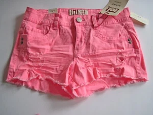Pantaloncini LEI Ashley Low Rise Denim Junior 9 rosa regolare taglio invecchiato, nuovi con etichette - Foto 1 di 10