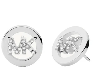 MICHAEL KORS MK Logo Silver Plated Brass Stud Earrings Crystals Pave MKJ7630040 - Picture 1 of 2