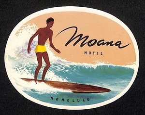 Moana Hotel Honolulu Hawaii Gepäck Etikett Mann Surfbrett selten sehr guter Zustand Neu aus altem Lagerbestand - Bild 1 von 2