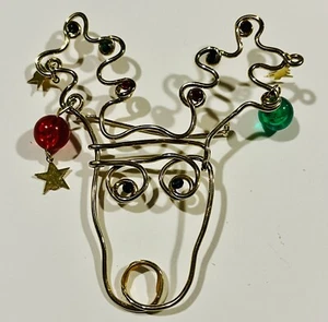 Vintage Christmas Reindeer Brooch Wire Wrapped Gold Tone Pin w/ Rhinestones - Picture 1 of 2