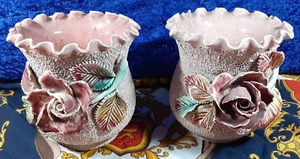Antique Textured Ceramic Vases with Roses, set of 2; ca 1890's - Picture 1 of 13