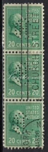 Perfins USA 1938, Sc825 3x 20c James A.Garfield. Used CH - Picture 1 of 3