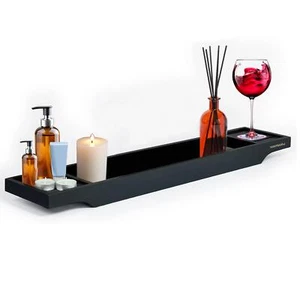 Bamboo Bath Caddy Tray Wooden Bathroom Rack Tub Shelf Storage Organizer Black - Picture 1 of 12