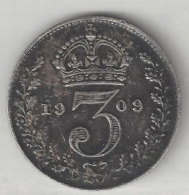 GREAT BRITAIN,  1909,  3 PENCE,  SILVER,  KM#797.2,   EXTRA FINE - Image 1 of 2