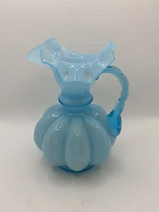 Vintage Fenton Light Blue Ruffled Melon Mini Pitcher Applied Handle Creamer - Picture 1 of 12