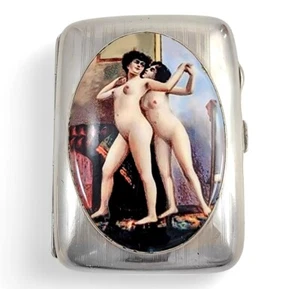 Antique Silver Nude Enamel Cigarette Case Art Deco Erotic Birmingham 1917 - Picture 1 of 10