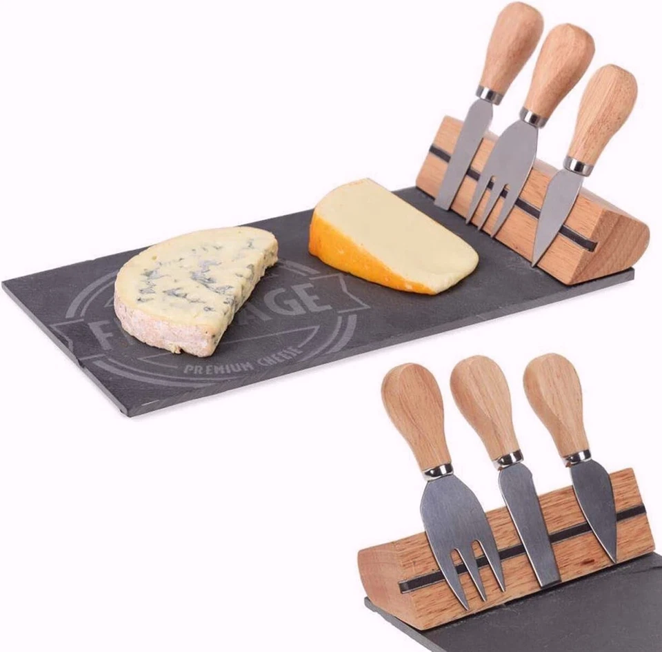 CAROUSEL HOME Slate Cheese Board Serving Tray Knives Stainless Steel Charcuterie Grazing Gift