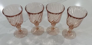 Set Of 4 Rosaline Pink Swirl Optic Stemmed 6 3/8" Water Goblets France EUC - Picture 1 of 11