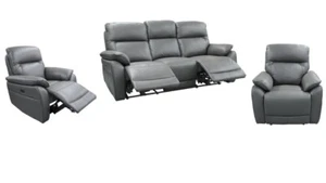 COURTNAY 3PCE LEATHER ELECTRIC RECLINER LOUNGE SET 3 SEATER&2 ARMCHAIRS GRAPHITE - Picture 1 of 2