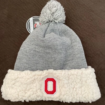 OSU Ohio State Buckeyes Sherpa Beanie Hat Block O Logo Womens Pom Cap Cuffed New - Image 1 of 4