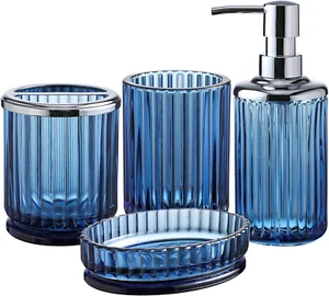 4Pcs Heavy Weight Decent Blue Glass Bathroom Accessories Set with Decorative Pre - Picture 1 of 6