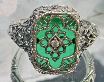 Art Deco Emerald Green Camphor Glass Sterling Silver 1930s Ring (Custom)#204 - Image 1 of 4