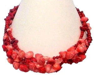 CORAL Flowers TRIPLE STRAND Necklace Red & Pink Gorgeous HAND MADE Orig ~ DKC - Picture 1 of 2