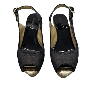 Jimmy Choo Praise Open Toe Slingback Wedge Blue Denim Italian Sizing 37 US 7 - Picture 1 of 15