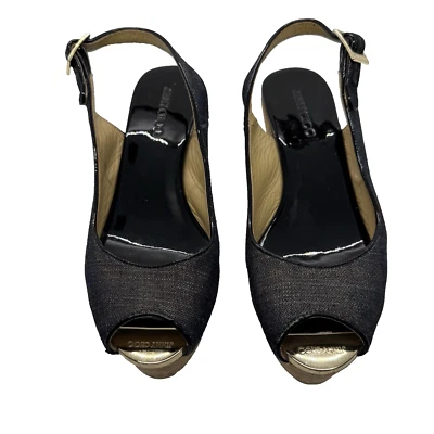 Jimmy Choo Praise Punta Abierta Cordón Cuña Azul Denim Italiano Talla 37 EE. UU. 7 Foto 1 de 4