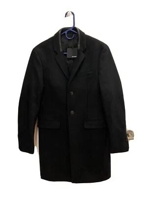 NWT The Kooples Men's Traditional Caban Black Wool Coat with Leather Trim  - Image 1 of 4
