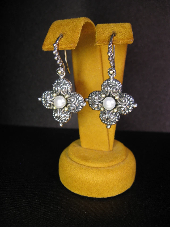 PENDIENTES BARBARA BIXBY FLOR PERLA BLANCA SS 18K FLOR Tallada Cuelga Diseñador Foto 1 de 2