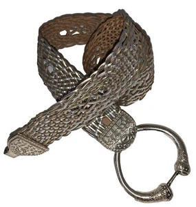 Coldwater Creek Womens Fashion Belt Silver Gold Bonded Leather Braided Medium - Picture 1 of 9