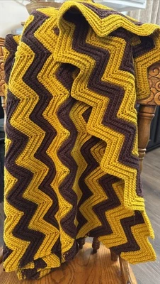 Manta Vintage Crochet Afgana Chevron Zig Zag Marrón Amarillo 46x46 Foto 1 de 4