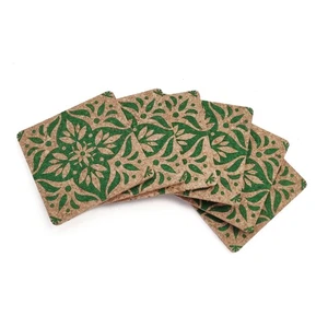 Viking Set Of 6 Coasts - Natural Cork Tabletop Protector - Portuguese Green Tile - Picture 1 of 2