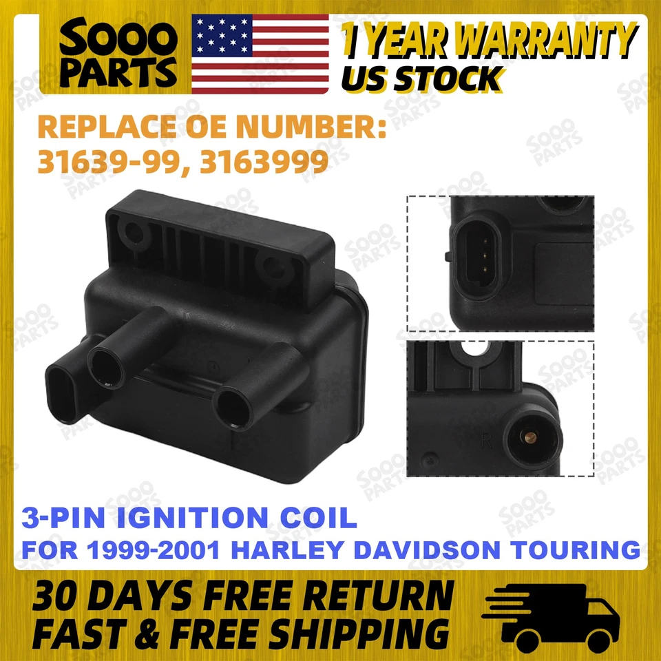 3-Pin Ignition Coil For 1999-2001 Harley Davidson Touring  Road Glide 31639-99 - Image 1 of 4