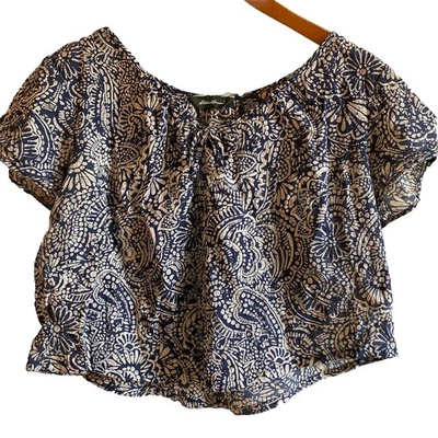 Top Y2K Cuadrado Floral Paisley Mujer XL Boho Dobladillo Alto Bajo Corto Fibra Natural Azul Marino Foto 1 de 4