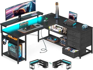 ODK L Shaped Desk with 4 Drawers, Corner Gaming Desk with LED Lights & Power ... - Picture 1 of 14