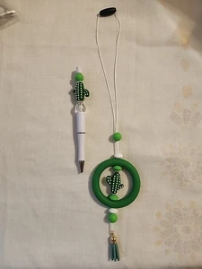 Car Charm For Rear View & Bed Pen Combo Dark Green Cactus White Tassel - Picture 1 of 6