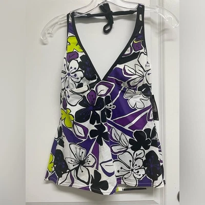 NWT Nike Tankini Swimsuit Top Halter Black White Purple Size 10 - Image 1 of 4