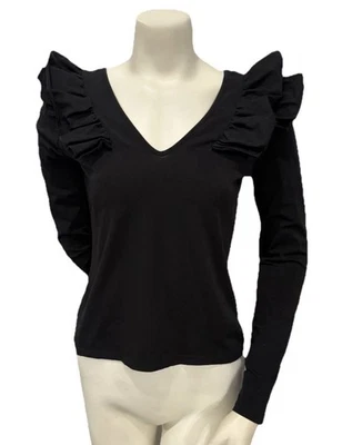 Top Drew negro manga larga cuello en V para mujer talla S volantes hombro algodón elástico Foto 1 de 4