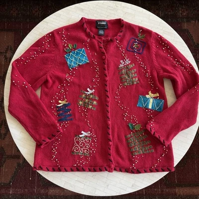 Cárdigan Suéter De Colección Años 90 Diseñadores Originales Navidad Talla P/M Rojo Regalos Cuentas Foto 1 de 4