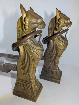 AWESOME ANTIQUE EGYPTIAN REVIVAL FRENCH GILT BRONZE CAT ANDIRONS CHENETS - Image 1 of 4