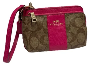 Coach Signature C Brown and Pink Leather Wristlet Wallet Corner Zipper - Picture 1 of 12