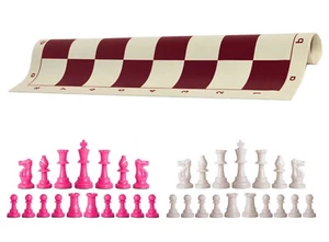 Pink & White Chess Pieces 20" Burgundy Vinyl Board - Triple Weight Chess Set - Picture 1 of 4