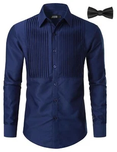 Men's Tuxedo Shirt Pleated Dress Shirts with Bow Tie for Party Wedding Navy - Picture 1 of 6
