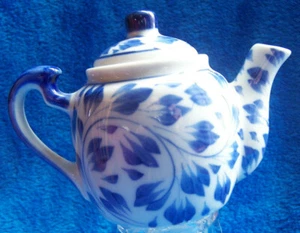 vtg miniature fine china TEAPOT white blue flow style "E" Andrea by Sadak paint - Picture 1 of 5