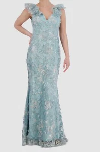Eliza J Women's Blue V-Neck 3D Flower Sleeveless Gown Dress Size 0 - Picture 1 of 3