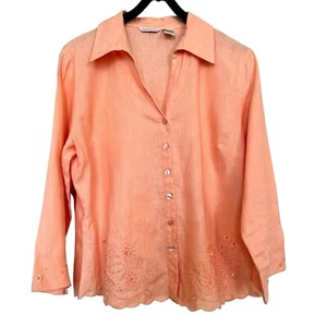 Richard Malcolm Women’s Sz XL Peach Linen Blouse Embroidered Scallop Hem - Picture 1 of 7