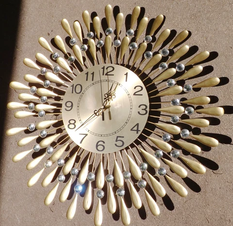 Large Metal Mid Century Style Starburst Wall Clock With Crystal Jewels Cover