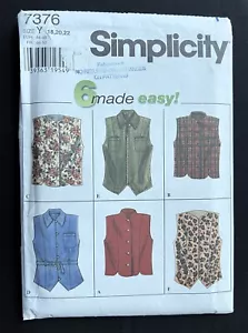 Simplicity 7376 Misses Vests w/6 Made Easy Styles 1996 Pattern size 18-22 Uncut - Picture 1 of 2