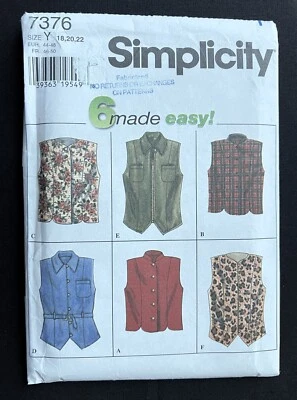 Simplicity 7376 Misses Vests w/6 Made Easy Styles 1996 Pattern size 18-22 Uncut - Image 1 of 2