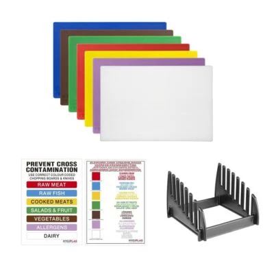 Hygiplas Low Density Chopping Boards Set with Rack Colour Coded Pack of 7 - 10mm
