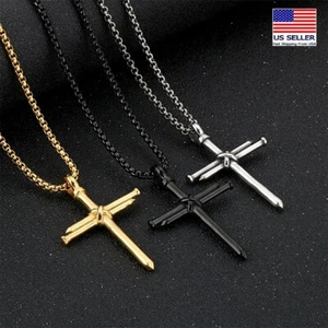 Herren Edelstahl Kette Halskette Retro Doppelnägel Kreuz Mode Anhänger 1126 - Bild 1 von 9