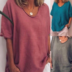 T-shirt Women Tops Baggy Plus Size Tunic Blouse Loose Casual Cotton Linen - Picture 1 of 20