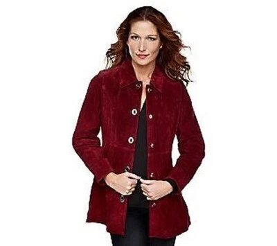 CHAQUETA DENNIS BASSO LAVABLE GAMUZA LLAVE EN MANO FORRO ANIMAL PRINT BURDEOS XL $219 Foto 1 de 2