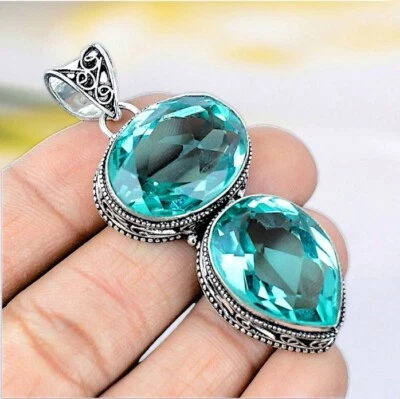 Colgante hecho a mano de piedras preciosas de apatita aguamarina de plata de ley 925 Foto 1 de 3