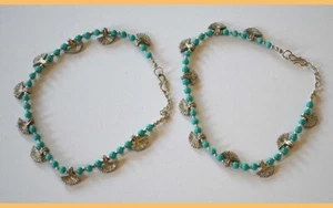 Türkis Perlen oxidiert Silber Metall Fußkettchen Paar (2 Stück) Fußschmuck Indien   - Bild 1 von 4