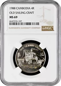 Cambogia 4 ruote 1988, NGC MS69, ""Old Sailing-Craft"" moneta Top Pop 1/0 Cu-Ni - Foto 1 di 2