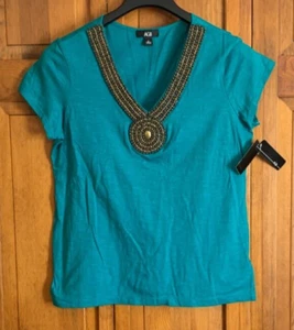 Women's NEW AGB Short Sleeve V-Neck Jade Cotton Blouse - L - Picture 1 of 4